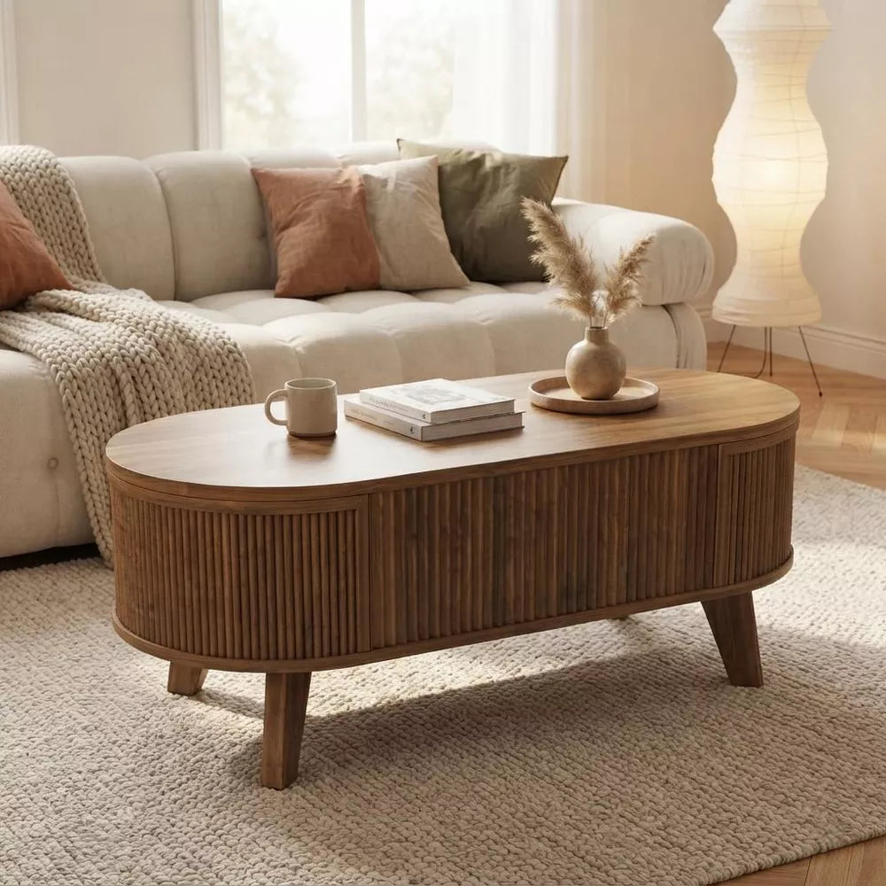 38.6'' Fluted Lift Top Coffee Table with Storage, Modern Oval Table for Living Room, Home Office & Small Spaces