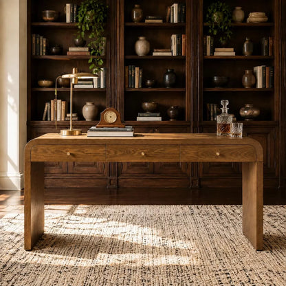 LauKingdom 59" Walnut Brown 3-Drawer Console Table with Rounded Waterfall Edges Long Entryway Sofa Table for Living Room Hallway