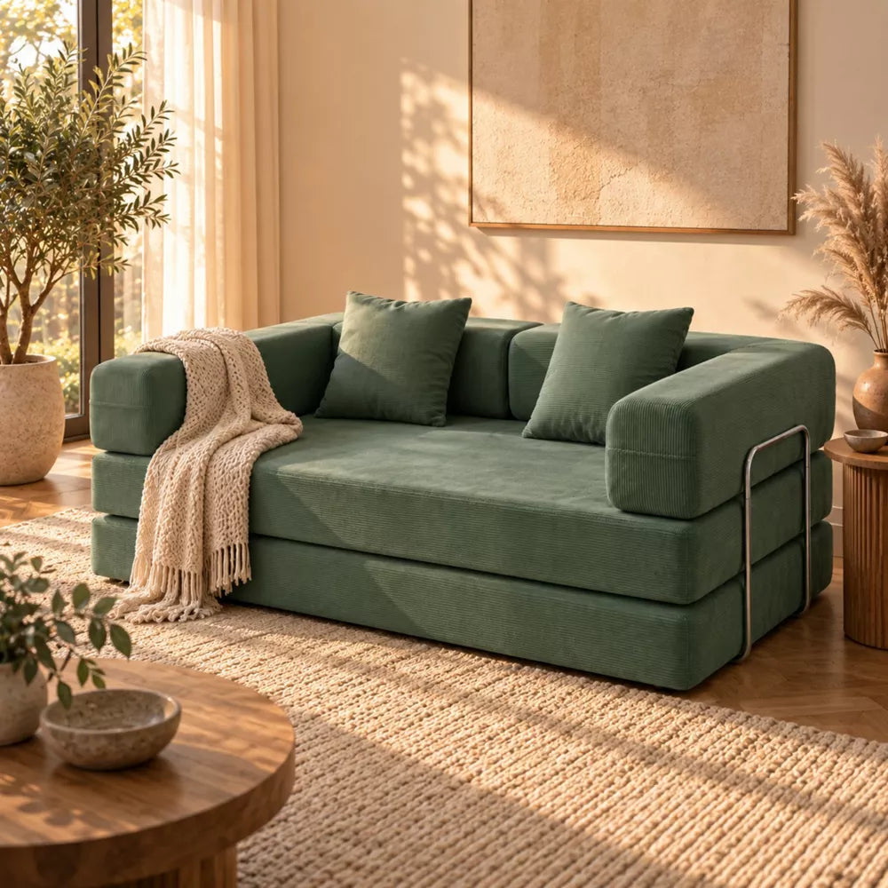 LauKingdom 78.7" Olive Green 2-Seater Convertible Sofa Bed with 2 Pillows, Fold Out Corduroy Floor Couch for Living Room & Guest Space