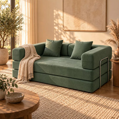 LauKingdom 78.7" Olive Green 2-Seater Convertible Sofa Bed with 2 Pillows, Fold Out Corduroy Floor Couch for Living Room & Guest Space