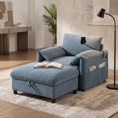 37" Slate Blue Chenille Armchair with Storage Ottoman, Modern Cloud Chaise Lounge with Charger & Phone Holder for Living Room, Dorm, Apartment