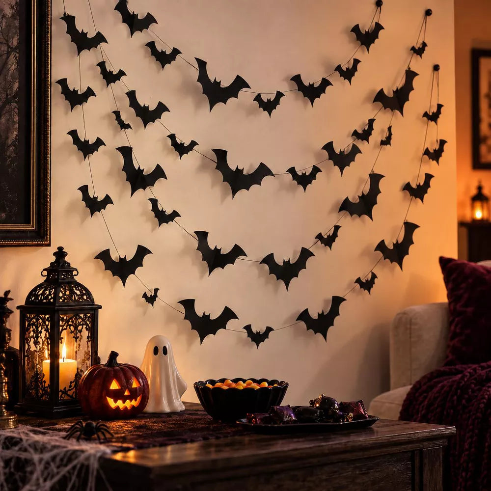 LauKingdom 4 Pack 156in Black Bat Garland Halloween Decorations Hanging Bats for Wall Door Ceiling Fireplace Party Home Decor