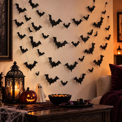 LauKingdom 4 Pack 156in Black Bat Garland Halloween Decorations Hanging Bats for Wall Door Ceiling Fireplace Party Home Decor