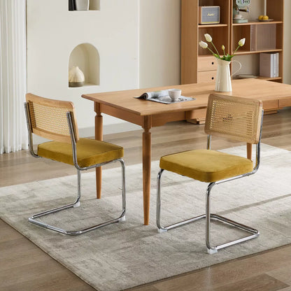 Rattan Dining Chairs Set of 2, Modern Kitchen Chairs with Solid Wood Back & Chrome Base, Upholstered Velvet Fabric for apartment,Dorm Room