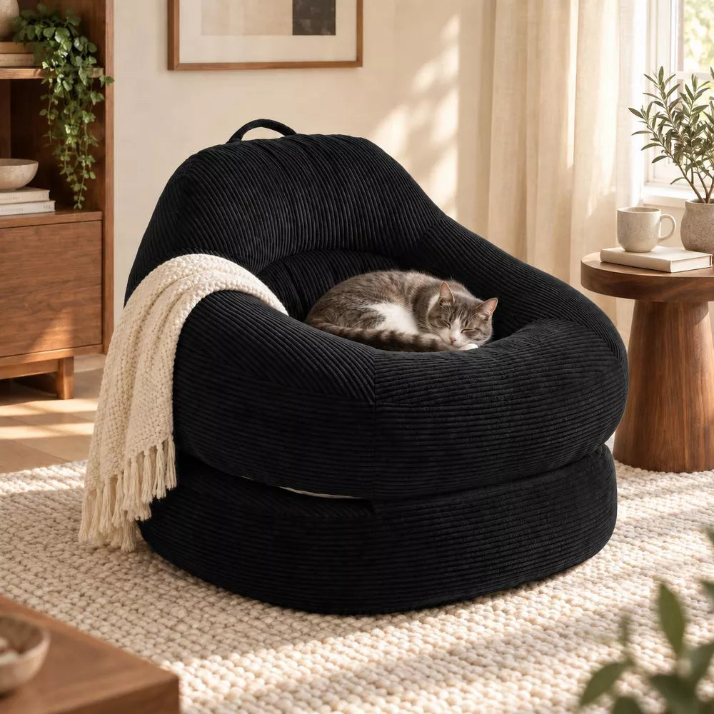 LauKingdom 39.4-Inch Oversized Corduroy Bean Bag Chair 2-in-1 Folding Floor Lounger with Handle for Bedroom, Dorm & Living Room