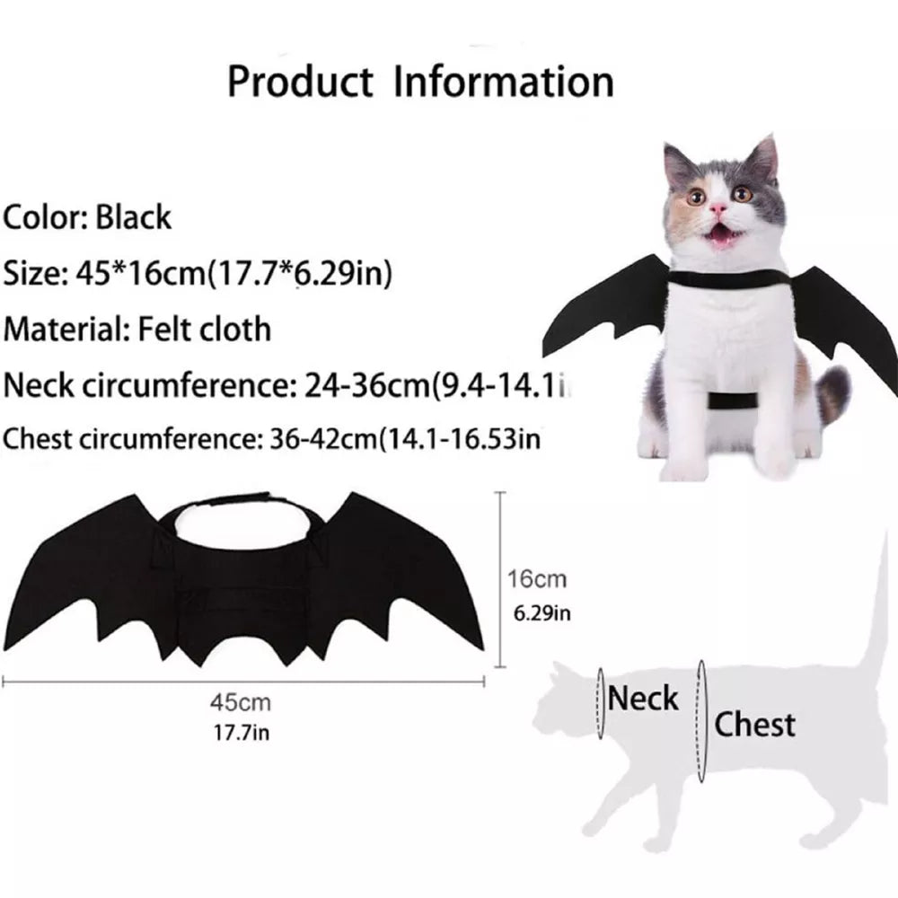 Halloween Bat Costume for Cats, Cute Halloween Decor, Adjustable Black Bat Wings Costume