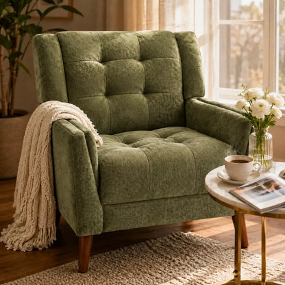 LauKingdom 32.5" Sage Green Chenille Mid-Century Modern Armchair, Upholstered Tufted Accent Chair for Bedroom Lounge Apartment Dorm