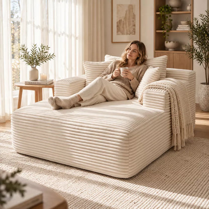 49" Ivory Beige Oversized Corduroy Chaise Lounge Chair for Warm Minimalism Living Room Cozy Nook No Assembly Required Sofa Bed
