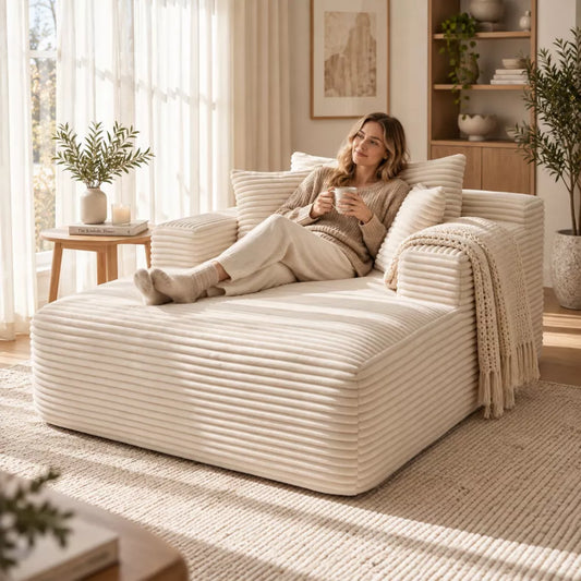 49" Ivory Beige Oversized Corduroy Chaise Lounge Chair for Warm Minimalism Living Room Cozy Nook No Assembly Required Sofa Bed