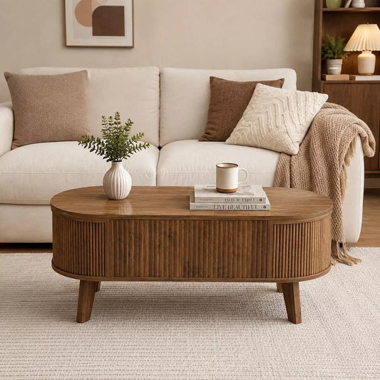 38.6'' Fluted Lift Top Coffee Table with Storage, Modern Oval Table for Living Room, Home Office & Small Spaces