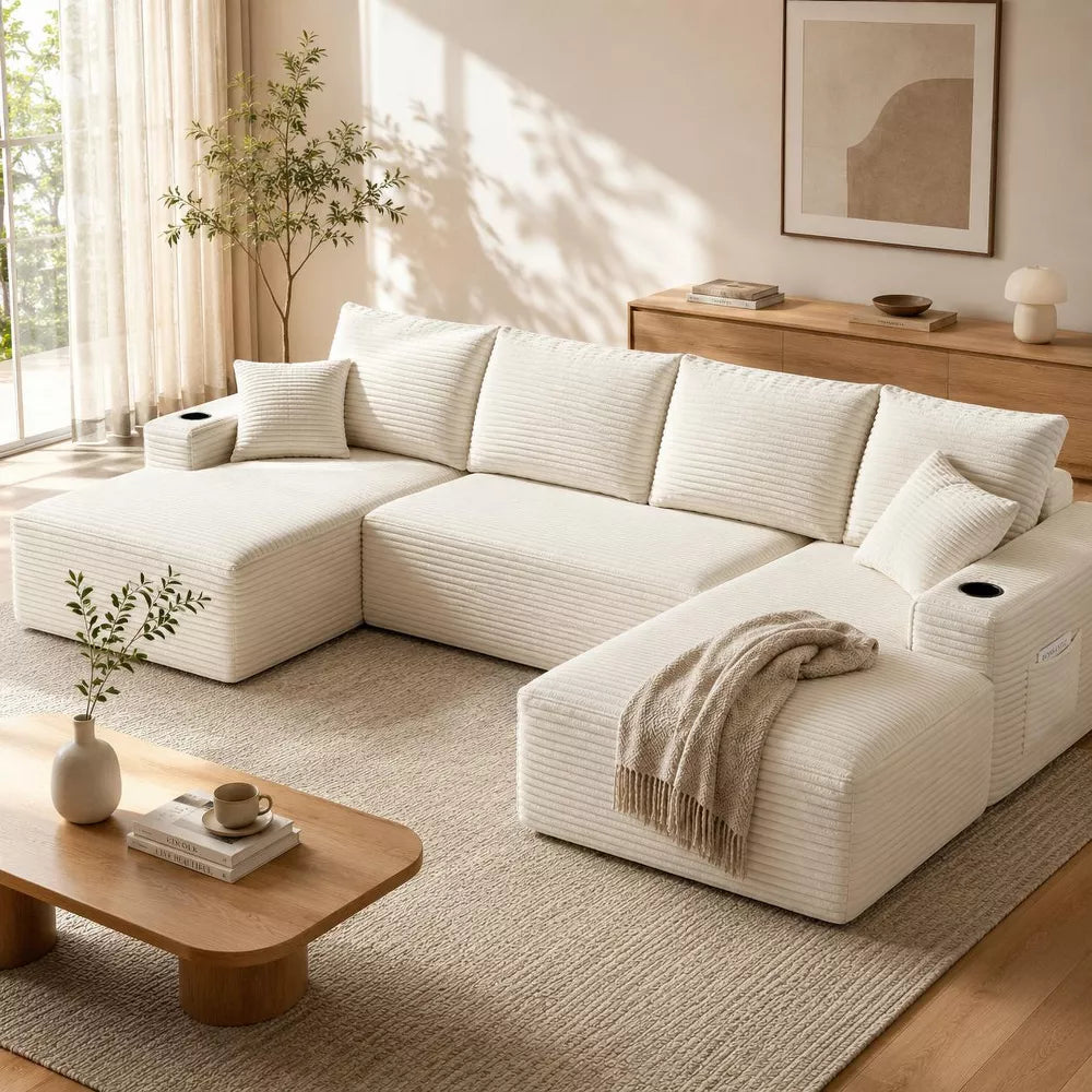 134" U-Shaped Cloud Sectional Sofa, Plush Corduroy 5-Seat Couch with Double Chaise, Cup Holders and Side Pockets for Living Room