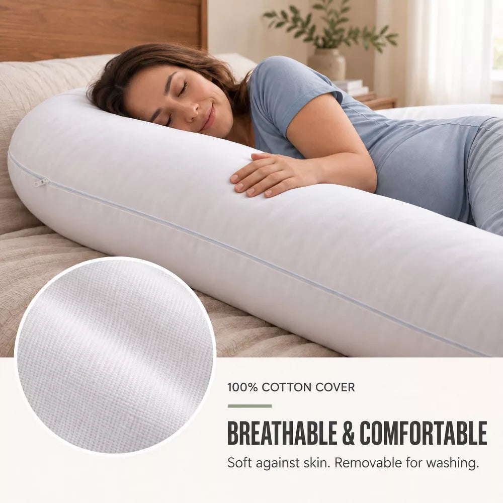 LauKingdom 60" White 1pc U-Shaped Pregnancy Pillow with Washable Cotton Cover, Full Body Maternity Support Pillow for Side Sleepers, Back Belly Hips