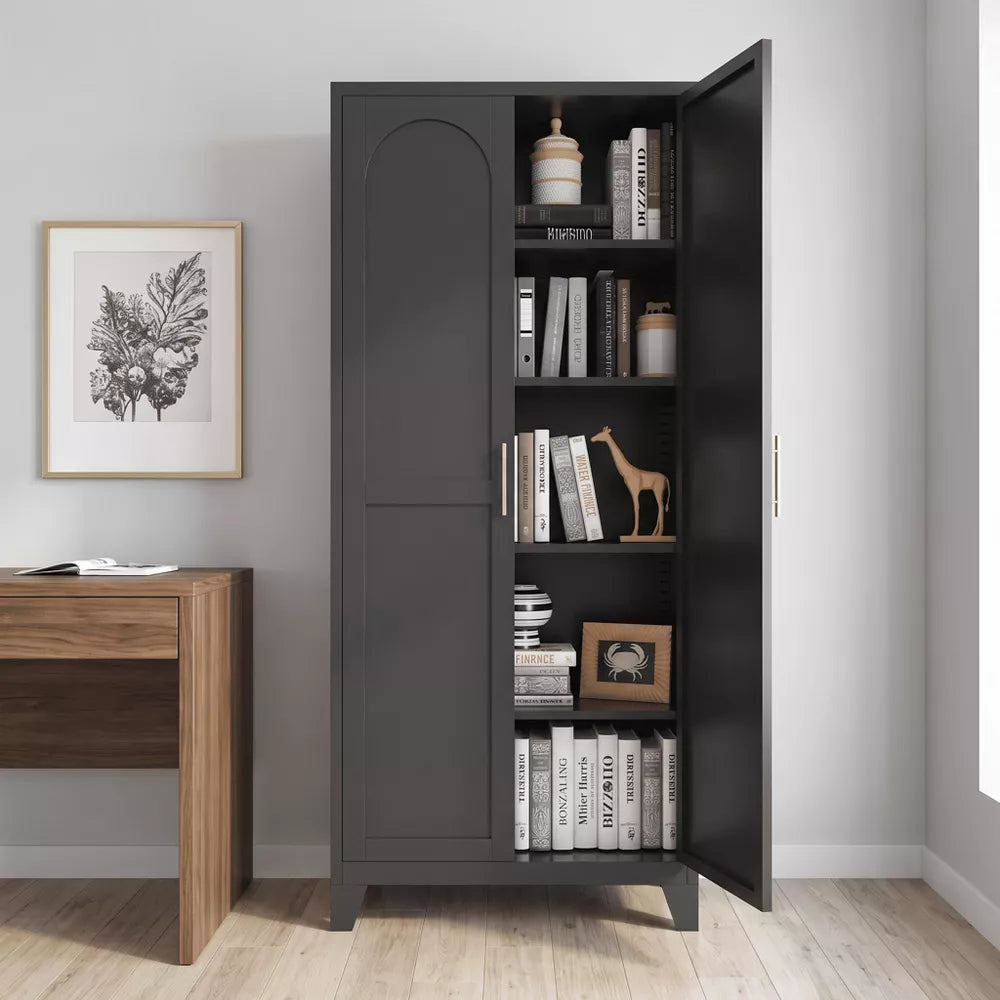 71'' 2 Shapely Doors Cabinet, Metal Storage Cabinet with Doors and Adjustable Shelves, for Bedroom, Living Room, Kitchen(Black)