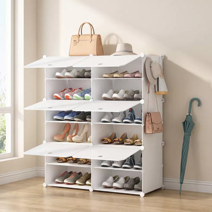 6-Tier Shoe Storage Cabinet, 24-Pair Shoe Organizer with Dustproof Doors & Side Hooks, Freestanding Shoe Rack for Entryway, Bedroom, Closet & Office