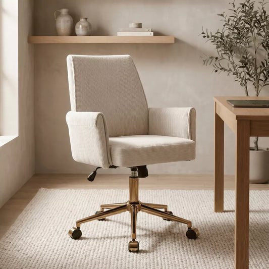 Mid-Back Swivel Office Chair, Ergonomic Striped Fabric Desk Chair with Gold Metal Base, Adjustable Height Task Chair for Home Office, Dorm Furniture