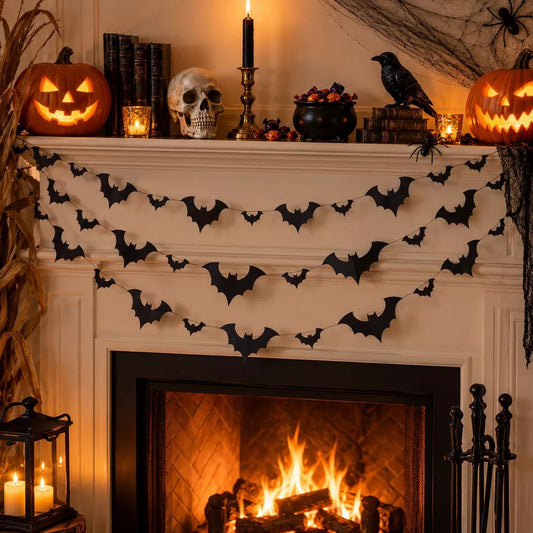 LauKingdom 4 Pack 156in Black Bat Garland Halloween Decorations Hanging Bats for Wall Door Ceiling Fireplace Party Home Decor