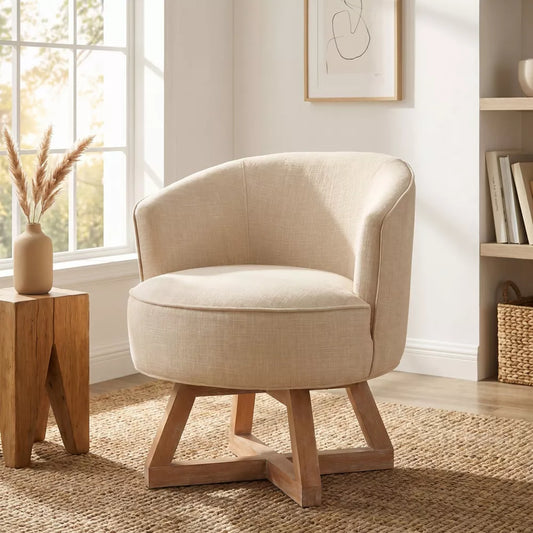 Beige Linen Swivel Chair with Wooden Cross Base, 360° Rotating Lounge Chair, Modern Cozy Accent Chair for Living Room, Bedroom & Office