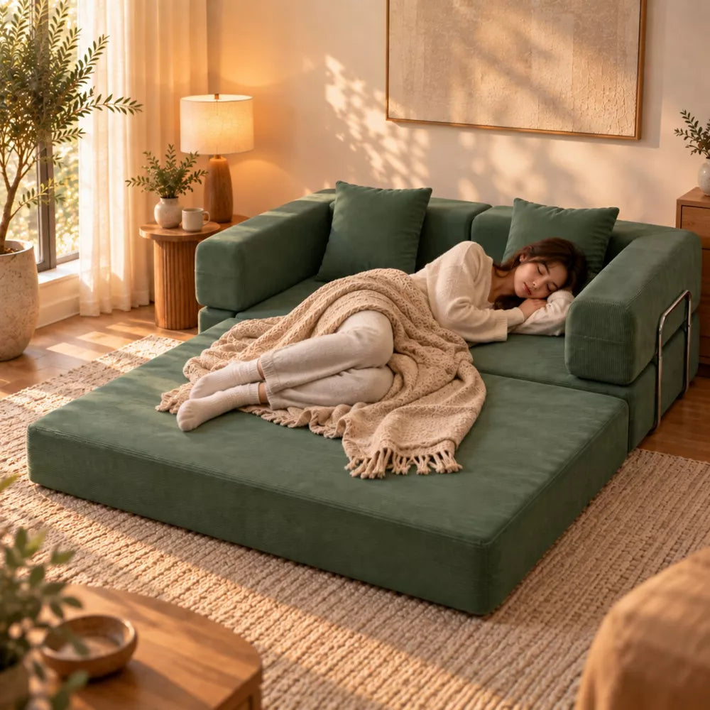 LauKingdom 78.7" Olive Green 2-Seater Convertible Sofa Bed with 2 Pillows, Fold Out Corduroy Floor Couch for Living Room & Guest Space
