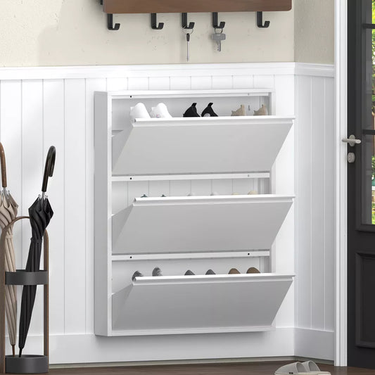 Metal Shoe Cabinet with 2 Flip Drawers, Wall-Mounted Slim Shoe Storage Organizer for Entryway, Hallway, Apartment & Mudroom, Narrow Hidden Shoe Rack