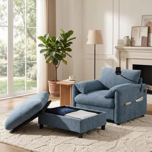37" Slate Blue Chenille Armchair with Storage Ottoman, Modern Cloud Chaise Lounge with Charger & Phone Holder for Living Room, Dorm, Apartment