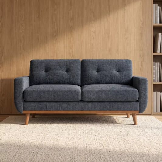 67.7" Slate Blue Mid-Century Modern Upholstered Loveseat Sofa 2-Seat Tufted Fabric Couch with Wood Legs for Dorm, Apartment, Living Room