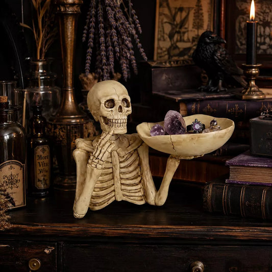 Halloween Skull Tray with Bowl Skeleton Decorative Figurine Catchall Holder for Indoor Outdoor Gothic Home Decor, Aged Bone