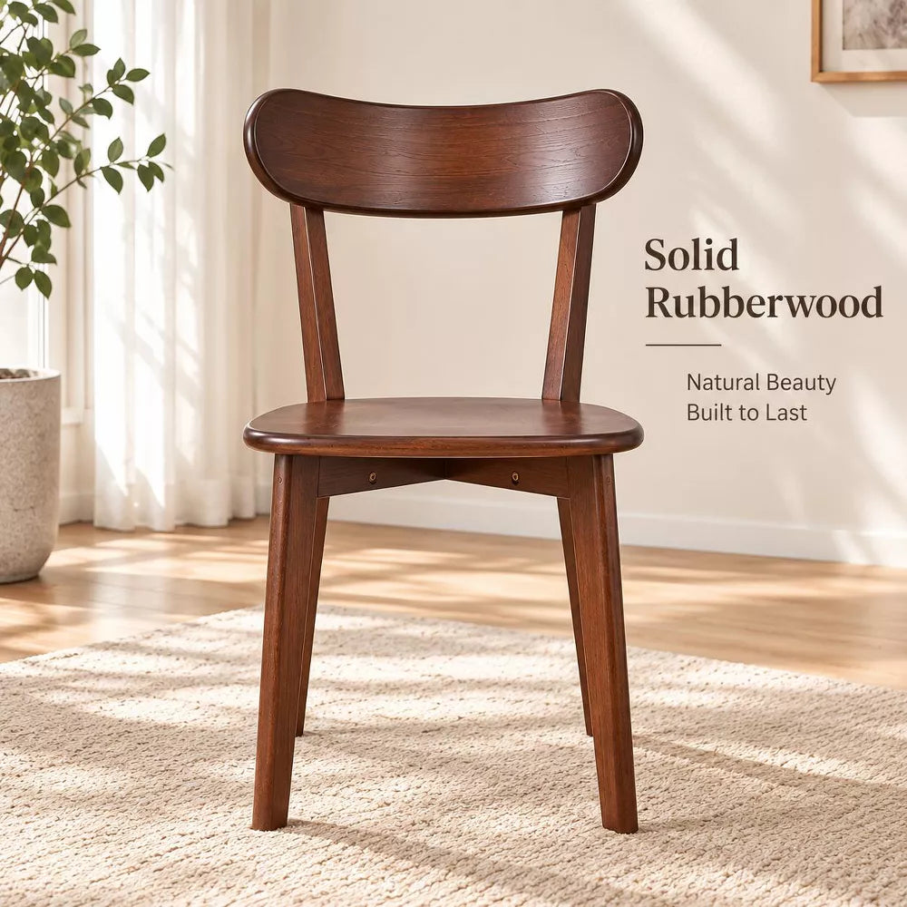 LauKingdom 29.92 in Set of 2 Dark Walnut Solid Wood Dining Chairs, Curved Back Mid-Century Rubberwood Kitchen Chairs for Dining Room & Breakfast Nook