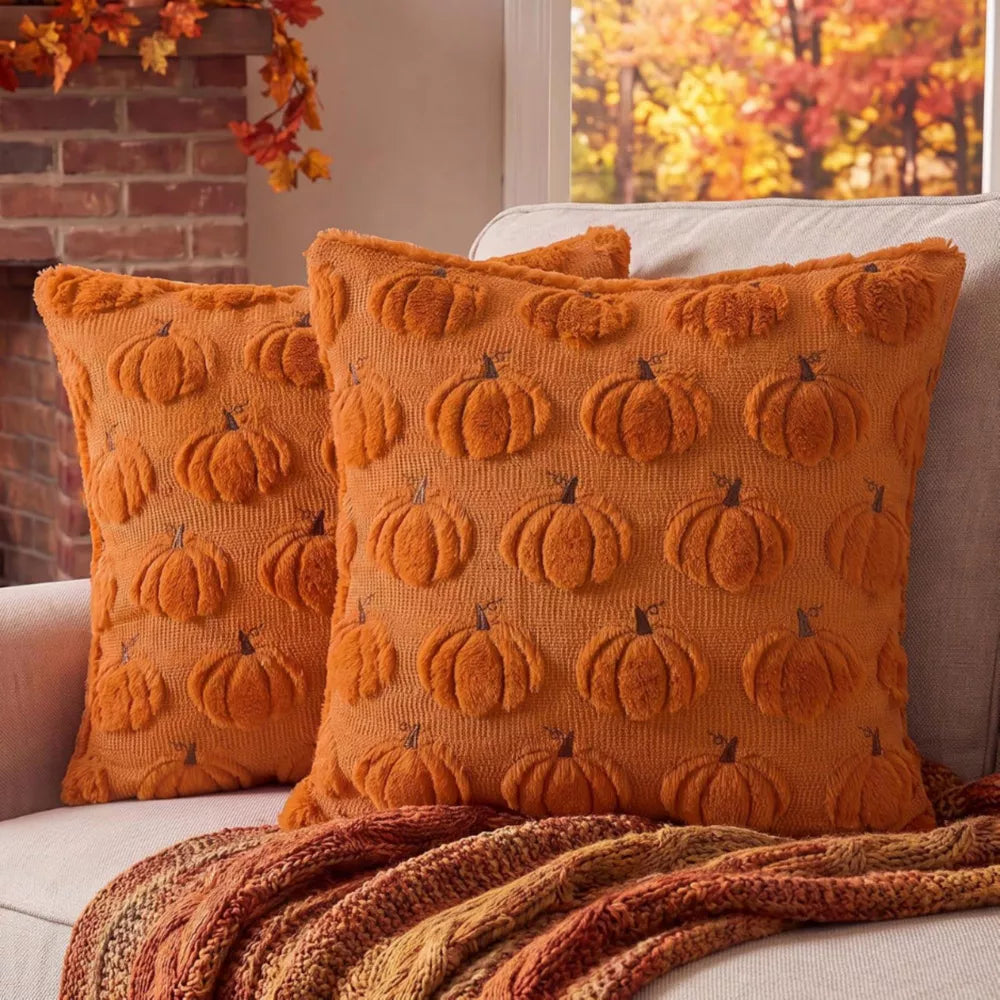 Farmhouse Pumpkin Throw Pillow Covers 18x18 Set of 2, Rust Orange Fall Decor for Couch, Sofa & Bed