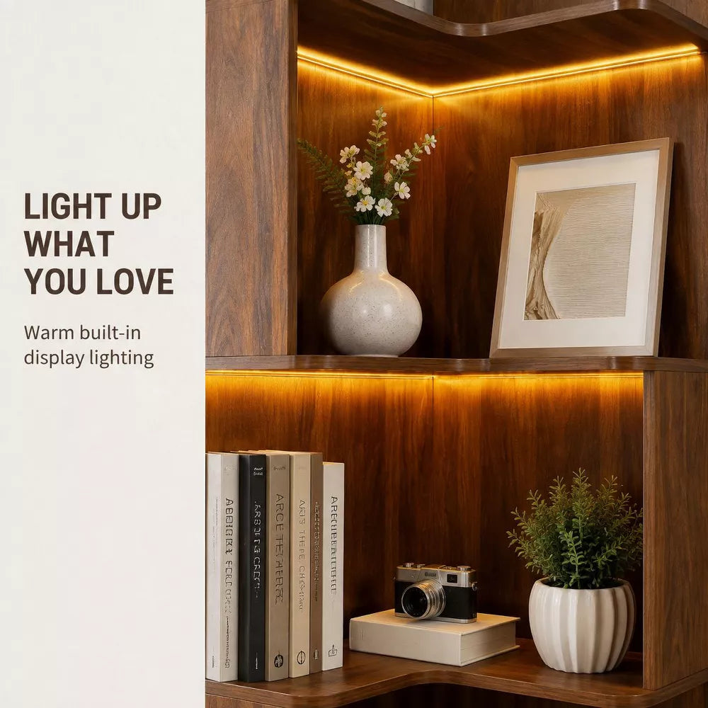 LauKingdom 68.9" Walnut Brown 5-Tier Corner Bookshelf with Built-In LED Light Strip, L-Shaped Open Display Bookcase for Living Room, Home Office Decor