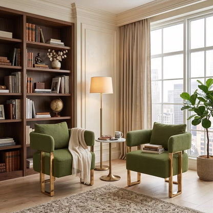 LauKingdom Set of 2 Green Modern Accent Chairs, Teddy Fleece Upholstered Armchair with Gold Metal Legs for Living Room Bedroom Dorm Apartment