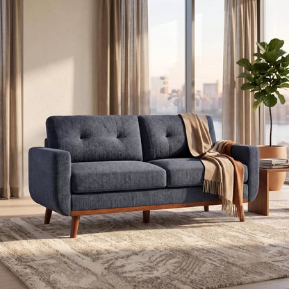 67.7" Slate Blue Mid-Century Modern Upholstered Loveseat Sofa 2-Seat Tufted Fabric Couch with Wood Legs for Dorm, Apartment, Living Room
