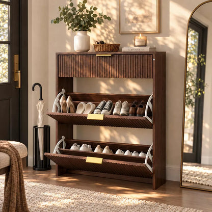 LauKingdom 31.5"x9.45"x42.1" Mocha Walnut Shoe Cabinet 3 Drawer Slim Fluted Entryway Hallway Staircase Storage Gold Handle