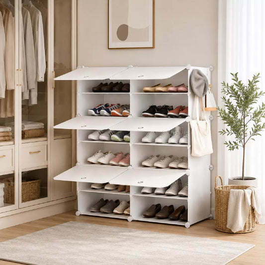 6-Tier Shoe Storage Cabinet, 24-Pair Shoe Organizer with Dustproof Doors & Side Hooks, Freestanding Shoe Rack for Entryway, Bedroom, Closet & Office