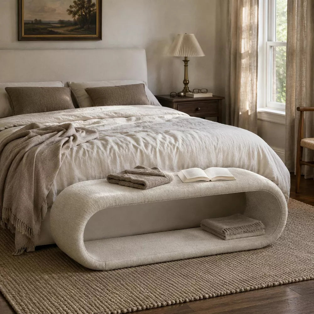 LauKingdom 52.17" Warm Oatmeal Beige Chenille Upholstered Waterfall Bench with Open Storage, Curved End of Bed Ottoman for Bedroom Entryway