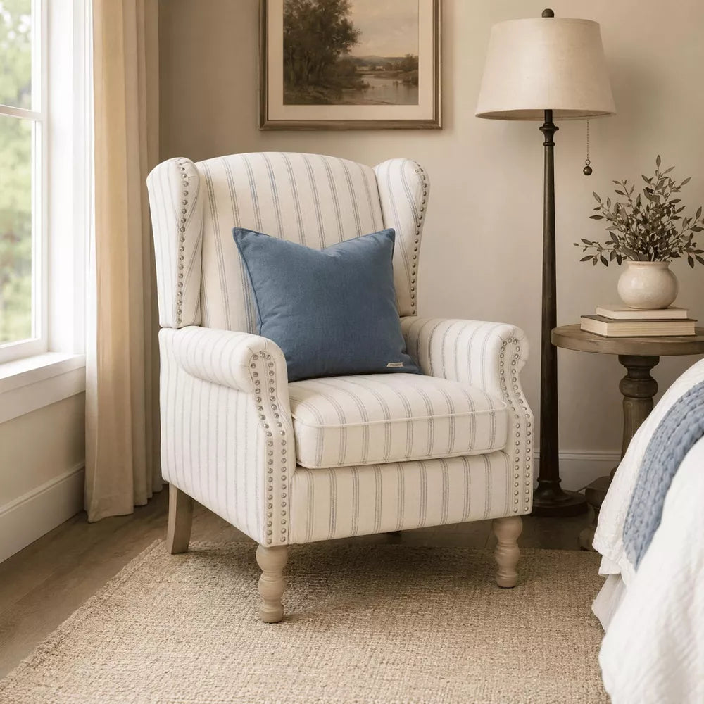 Modern Accent Chair with Solid Wood Legs, Upholstered Wingback Armchair Stripe Design for Living Room Bedroom Office