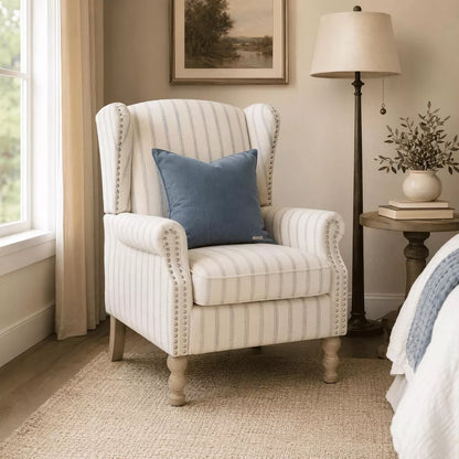 Modern Accent Chair with Solid Wood Legs, Upholstered Wingback Armchair Stripe Design for Living Room Bedroom Office