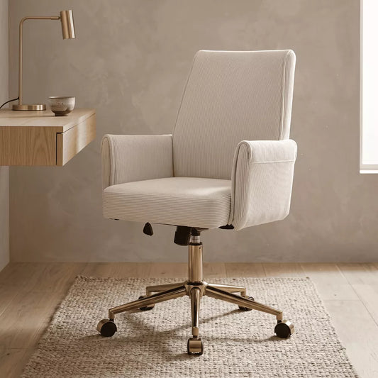 Mid-Back Swivel Office Chair, Ergonomic Striped Fabric Desk Chair with Gold Metal Base, Adjustable Height Task Chair for Home Office, Dorm Furniture