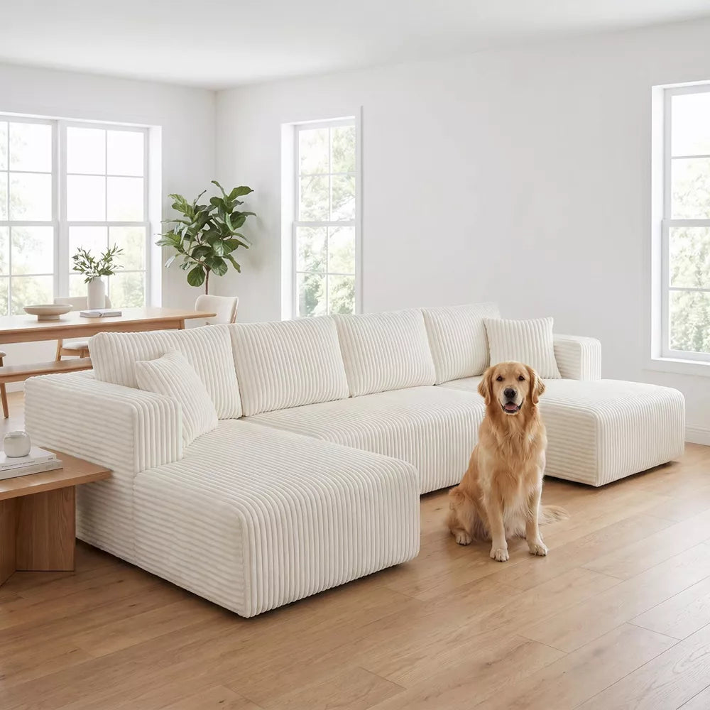132" Modern U-Shaped Sectional Sofa - Comfy Corduroy Cloud Couch - Minimalist Memory Foam Sleeper Sofa, No Assembly Required