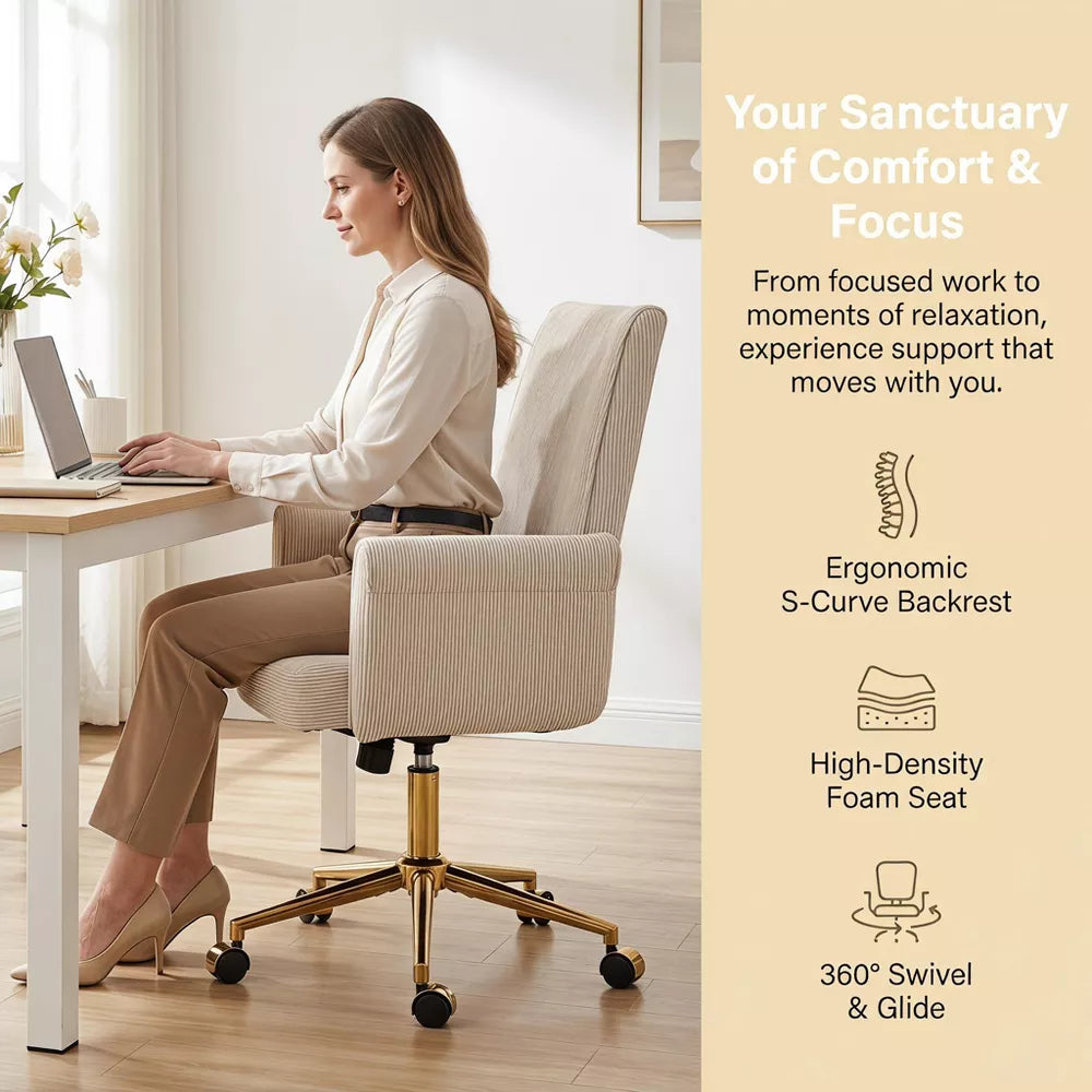 Mid-Back Swivel Office Chair, Ergonomic Striped Fabric Desk Chair with Gold Metal Base, Adjustable Height Task Chair for Home Office, Dorm Furniture