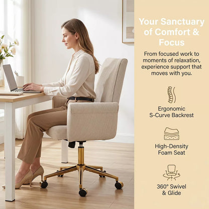 Mid-Back Swivel Office Chair, Ergonomic Striped Fabric Desk Chair with Gold Metal Base, Adjustable Height Task Chair for Home Office, Dorm Furniture