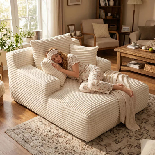 Oversized Corduroy Floor Chaise Lounge - Ergonomic Memory Foam Tofu Sofa for Dorm, Apartment, No Assembly Required - Oatmeal Cream
