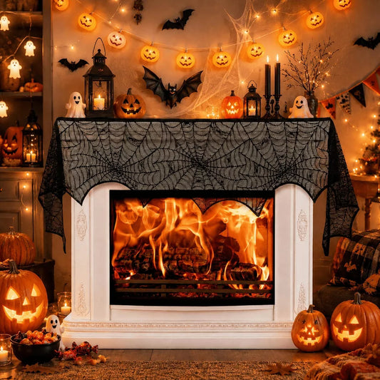 1 or 2-Pack 96"Halloween Lace Mantle Scarf with Spider Web Design, Fireplace Halloween Decor Indoor for Party, Black