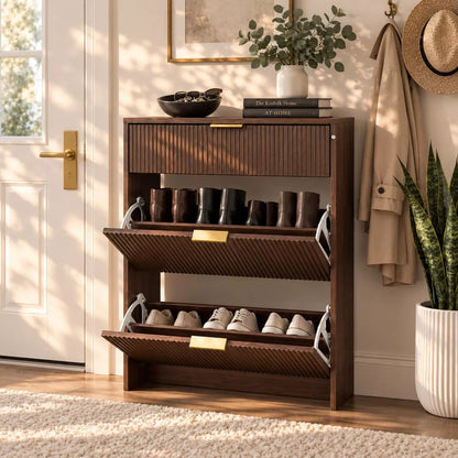 LauKingdom 31.5"x9.45"x42.1" Mocha Walnut Shoe Cabinet 3 Drawer Slim Fluted Entryway Hallway Staircase Storage Gold Handle