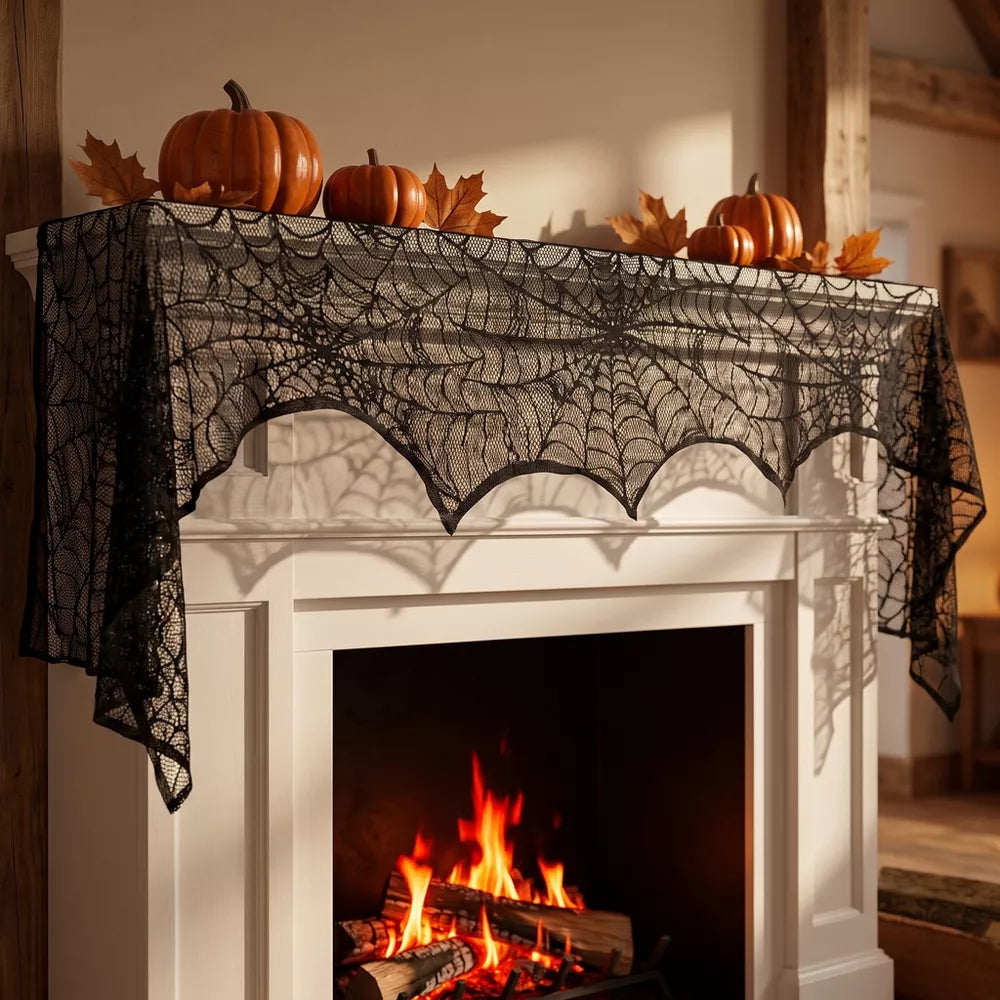 1 or 2-Pack 96"Halloween Lace Mantle Scarf with Spider Web Design, Fireplace Halloween Decor Indoor for Party, Black
