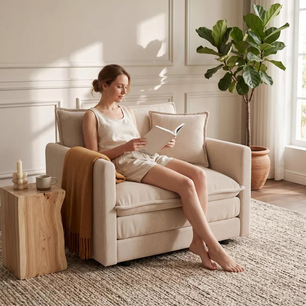 LauKingdom Apricot Oversized Accent Chair With Toss Pillow Deep Seat Chenille Reading Sofa For Living Room Bedroom Dorm