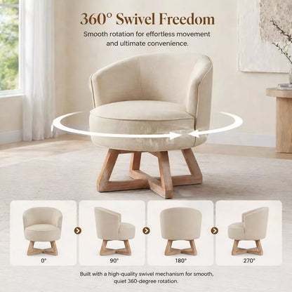 Beige Linen Swivel Chair with Wooden Cross Base, 360° Rotating Lounge Chair, Modern Cozy Accent Chair for Living Room, Bedroom & Office