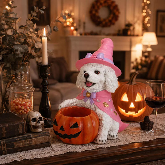 LauKingdom 12.6in Halloween White Teddy Puppy Figurine Witch Pumpkin Candy Bowl Resin Decor for Table Shelf Mantel Entryway Gift for Dog Lovers