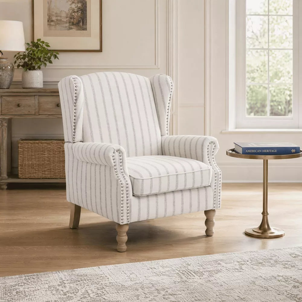 Modern Accent Chair with Solid Wood Legs, Upholstered Wingback Armchair Stripe Design for Living Room Bedroom Office