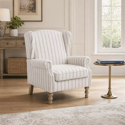 Modern Accent Chair with Solid Wood Legs, Upholstered Wingback Armchair Stripe Design for Living Room Bedroom Office