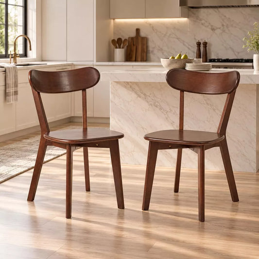 LauKingdom 29.92 in Set of 2 Dark Walnut Solid Wood Dining Chairs, Curved Back Mid-Century Rubberwood Kitchen Chairs for Dining Room & Breakfast Nook